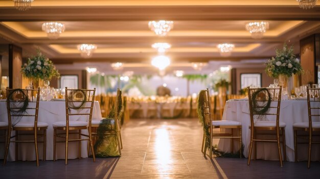 Wedding banquet festive restaurant hall decorated with flowers AI generated