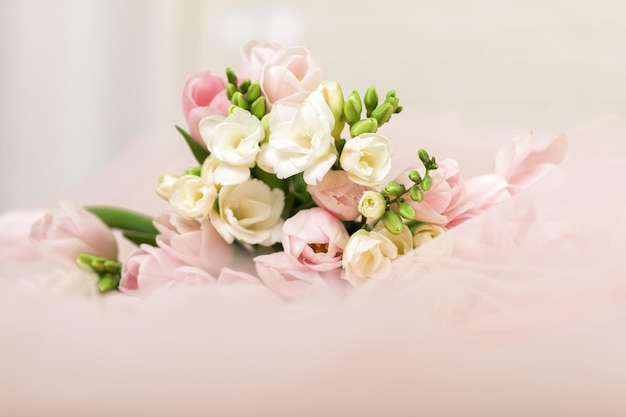 The wedding beautiful bouquet of pink tulips