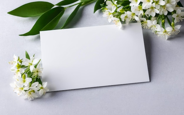 Photo wedding birthday mockup paper card blank paper greeting card invitation decorative floral composition closeup of white flowers and green leaves copy space