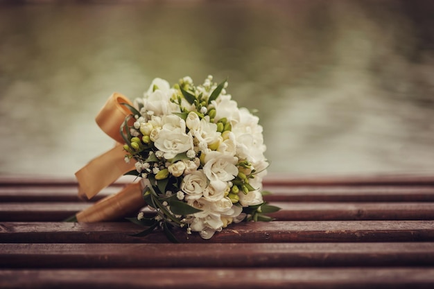 Wedding bouquet on a bench