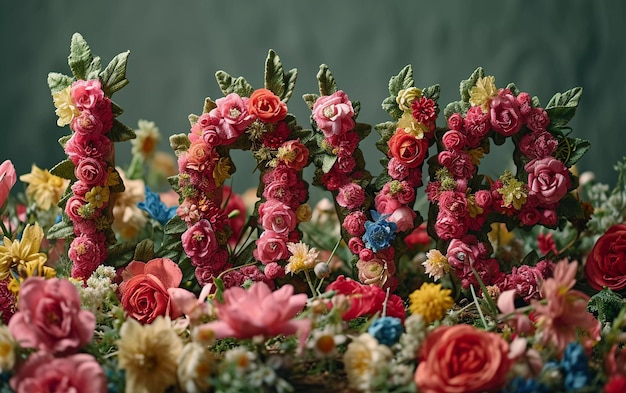 Wedding bouquet of colorful flowers on a dark background love word with red flowers