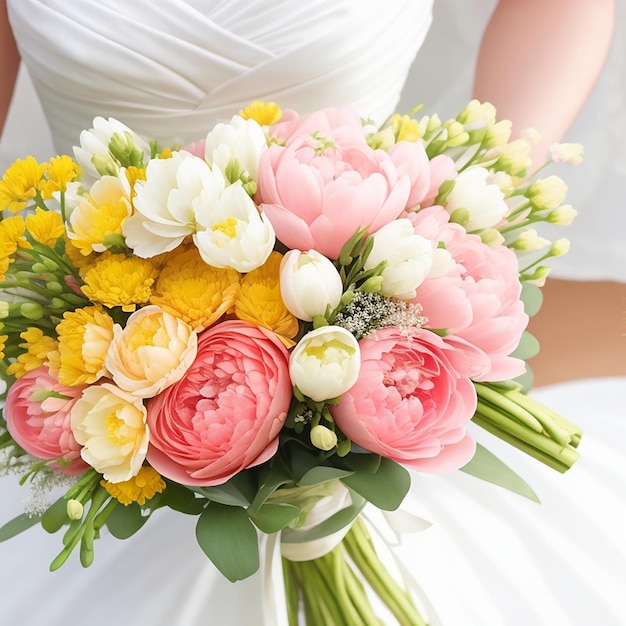 Wedding bouquet of flowers in the hands of the bride generated by ai