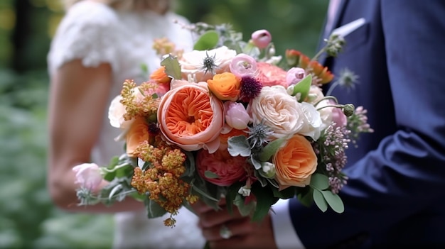 Wedding bouquet in the hands of the bride and groom