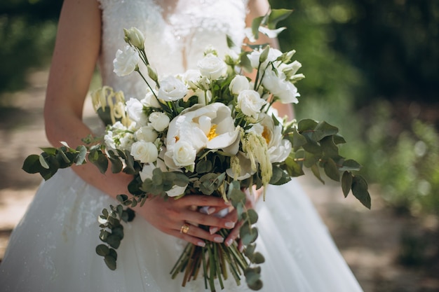 Wedding bouquet in the hands of the bride.