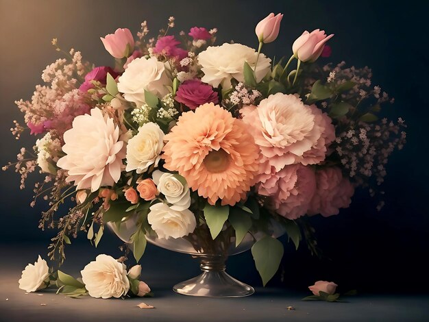 A wedding bouquet is on the table in the background of different species for bridal bouquets