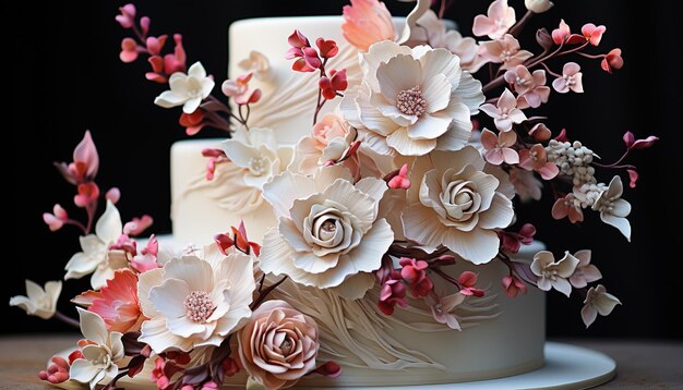 Свадебный букет, розовый цветок, десертный стол, свечи, украшение, изысканная еда, созданная искусственным интеллектом