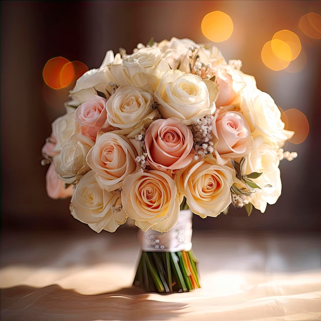 Свадебный букет из розовых и белых роз на темном фоне Generative AI