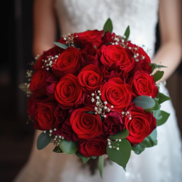 Wedding bouquet of red roses in the hands of the bride in a white dress AI generative