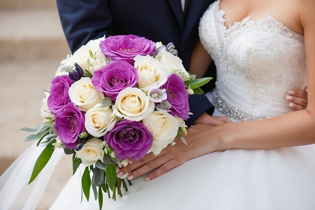 Photo wedding bouquet and rings newlyweds