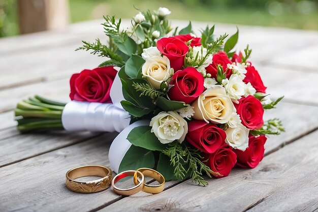 Photo wedding bouquet and rings newlyweds