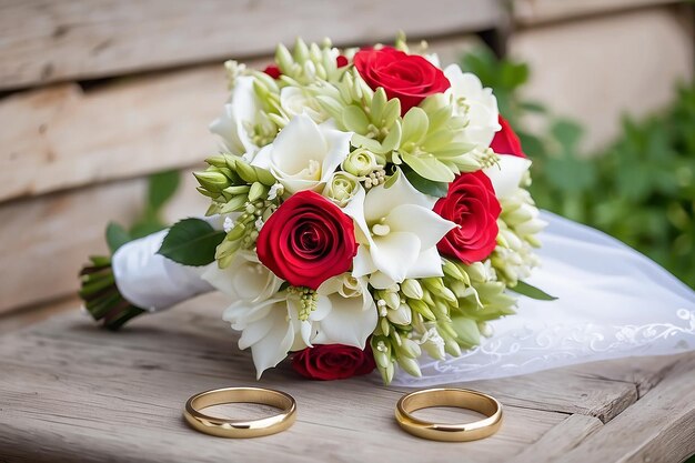 wedding bouquet and rings newlyweds