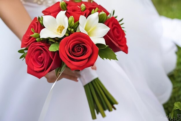 Photo wedding bouquet and rings newlyweds