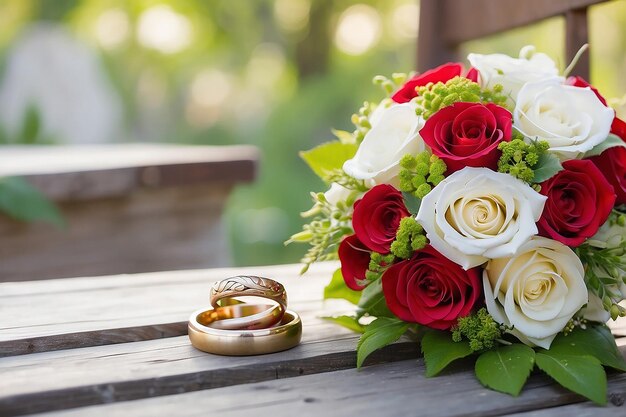 wedding bouquet and rings newlyweds