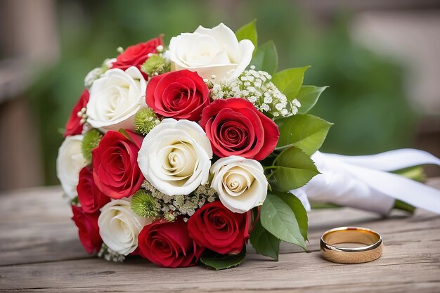 wedding bouquet and rings newlyweds