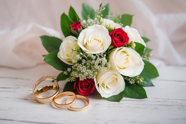 Photo wedding bouquet and rings newlyweds