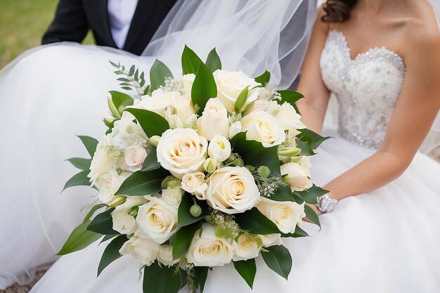 Photo wedding bouquet and rings newlyweds