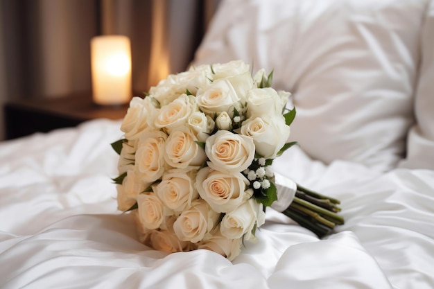 A wedding bouquet of roses in a bud and gypsophila is lying on the bed Wedding preparation wedding