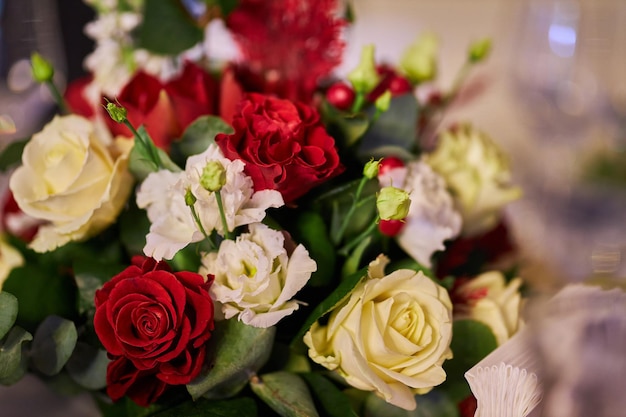 wedding bouquet of roses in cellophane closeup photo