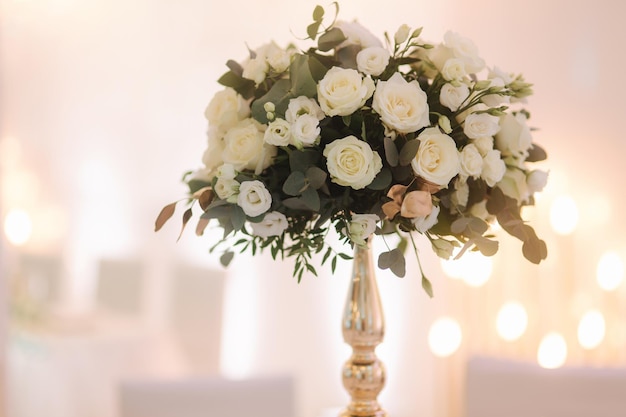 Wedding bouquet on the table in restaurant