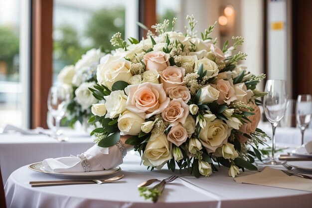 Wedding bouquet on table xawedding table decor in the restaurantx9