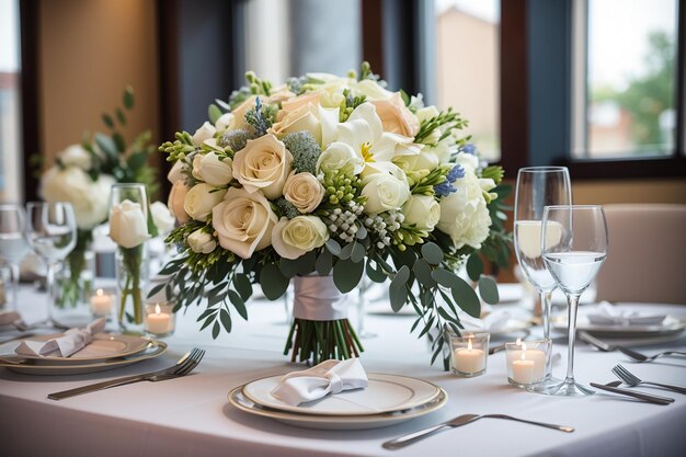 Wedding bouquet on table xawedding table decor in the restaurantx9