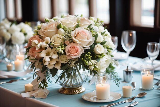 Wedding bouquet on table xawedding table decor in the restaurantx9