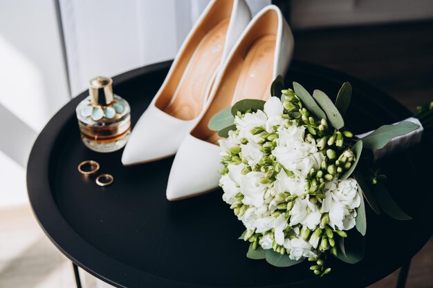 A wedding bouquet of white and green calla lilies