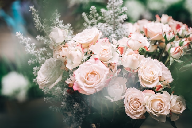 Wedding bouquet of white pink roses