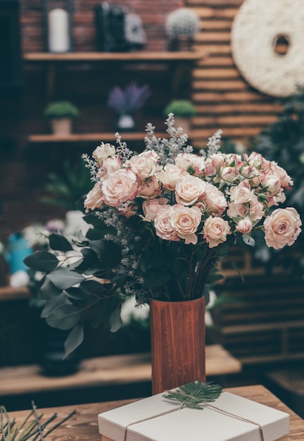 Wedding bouquet of white pink roses