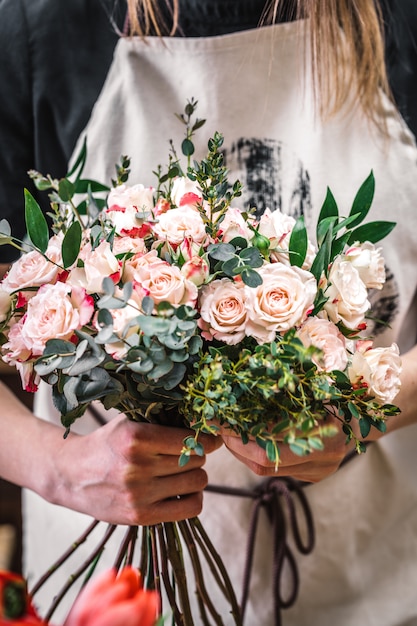 Wedding bouquet of white pink roses