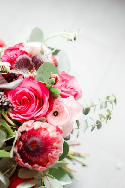 Wedding bouquet with eucalyptus on the floor