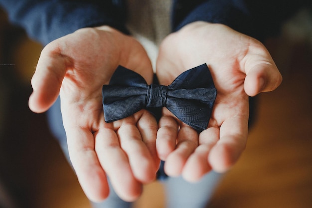 Wedding bow tie in hands of groom