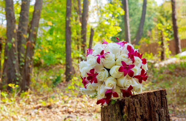 Wedding bridal bouquet with white orchids, roses, daisies and red berries