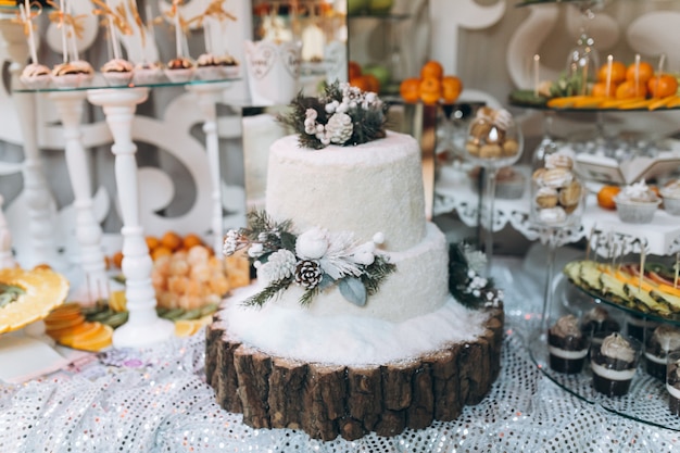 The wedding buffet is decorated in the winter theme.