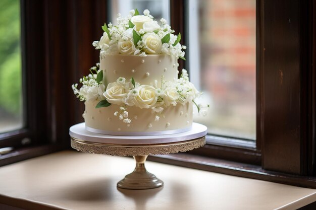 Photo wedding cake on the background of the wedding arch