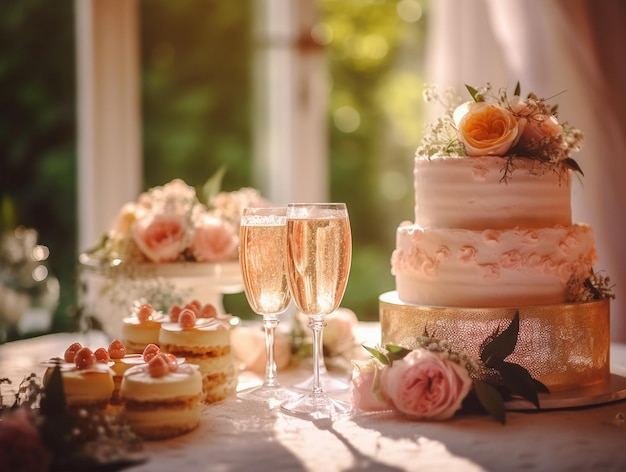 a wedding cake and cupcakes on a table with a cake and glasses of champagne.