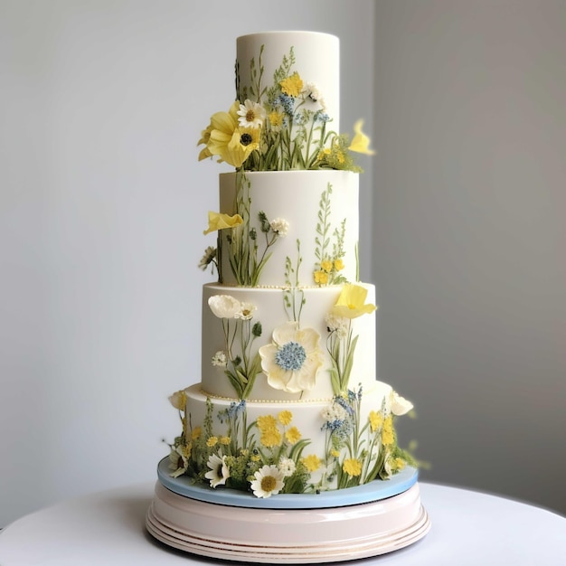 Wedding cake decorated with flowers and leaves on a brown background