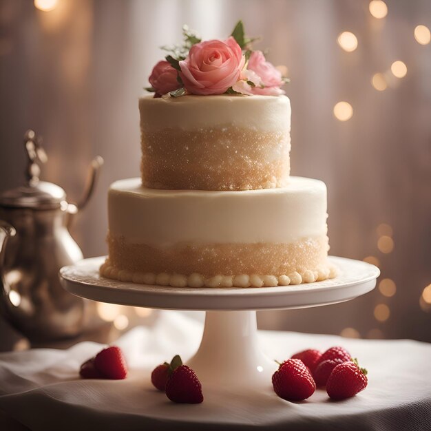 明るい背景にバラとイチゴで飾られたウェディングケーキ