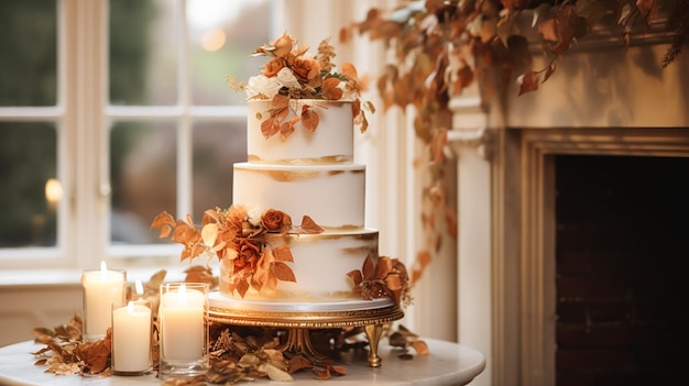 Photo wedding cake design autumnal dessert styling and holiday decoration multitier cake for an autumn event venue food catering service and elegant country decor cottage style inspiration