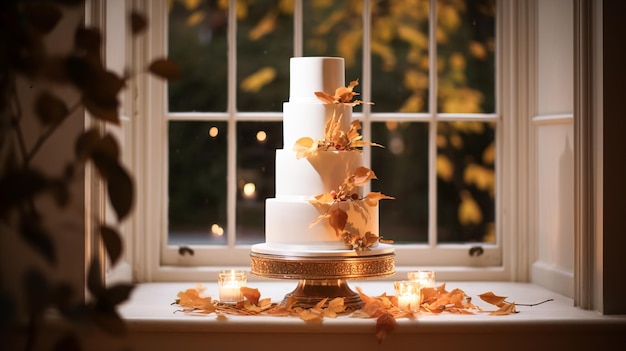 Photo wedding cake design autumnal dessert styling and holiday decoration multitier cake for an autumn event venue food catering service and elegant country decor cottage style inspiration