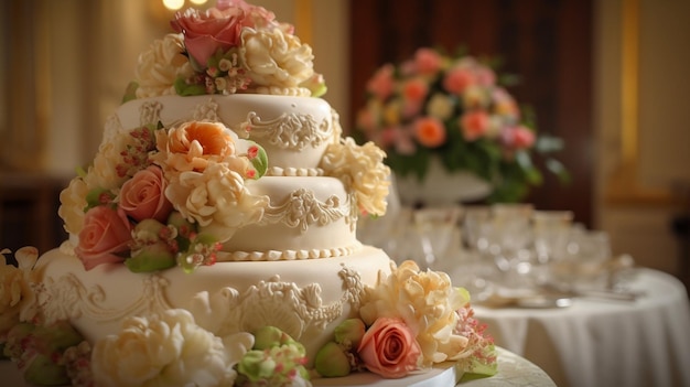 A wedding cake is on a table in front of a flower arrangement.