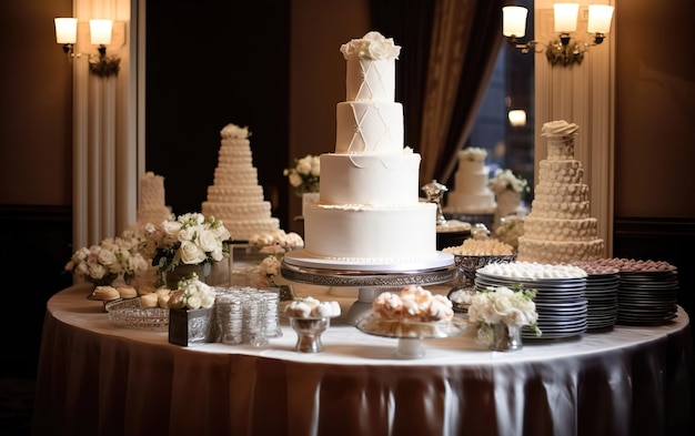 A wedding cake is on a table with other cakes on it.