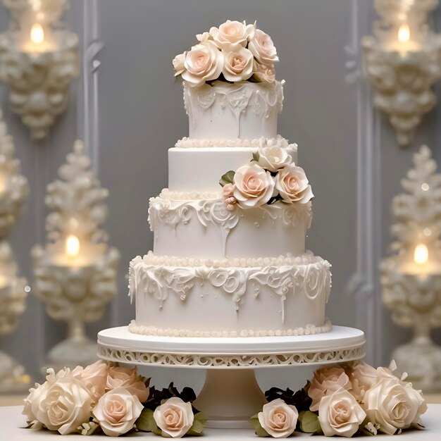 Wedding cake met rozen Wedding cake versierd met bloemen