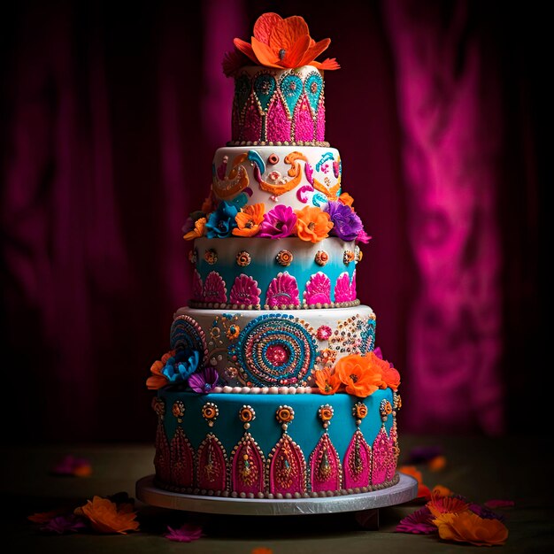 Свадебный торт восточно-индийские цветы украшения магента фон генерирующий ai