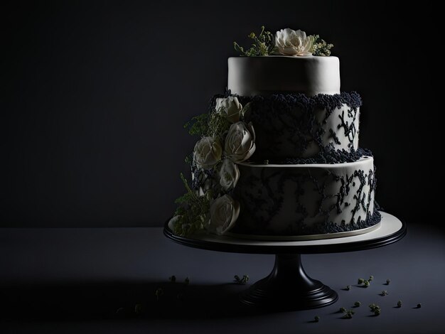 Фото Свадебный торт продукт на черном фоне ai генеративный