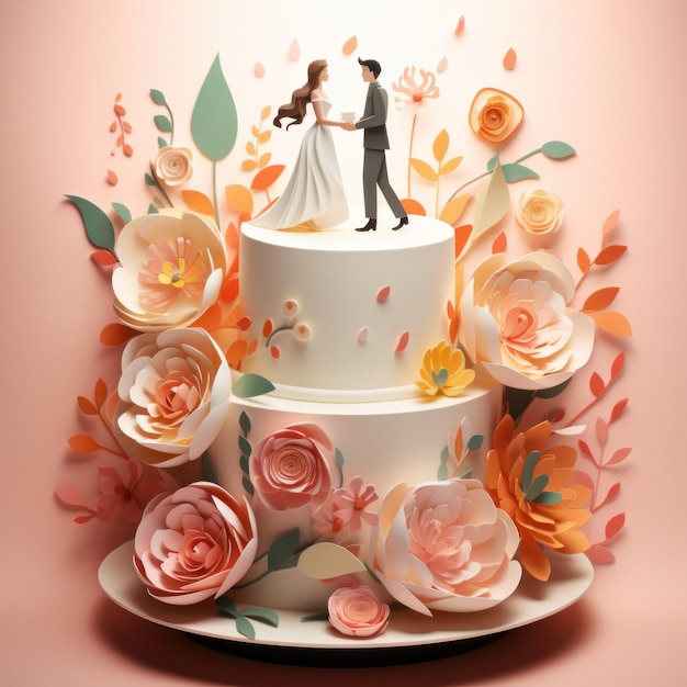 写真 結婚式のケーキ新郎と新婦のフィギュアが描かれています 豪華な結婚式で面白く踊る像のスイート 紙で切られた花で飾られた白いケーキ