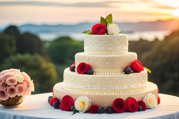 A wedding cake with berries on top of it and a beautiful sunset in the background