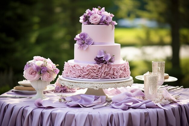 Wedding cake with candles on table at reception