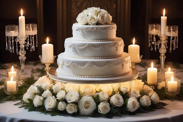 Wedding cake with candles on table at reception