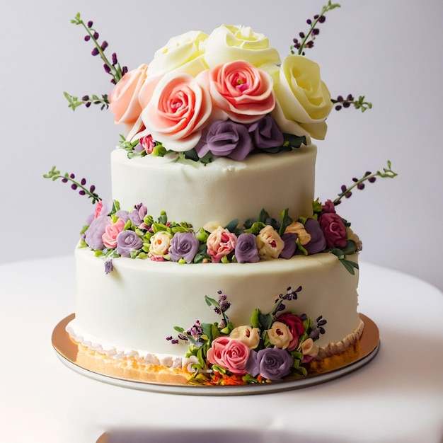 Wedding cake with color flowers white background generative ai